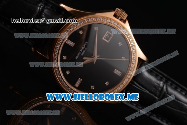 Patek Philippe Calatrava Miyota 9015 Automatic Rose Gold Case with Black Dial Black Leather Strap and Diamonds Markers Diamonds Bezel - Click Image to Close